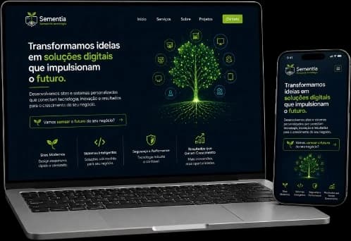 Um notebook e um celular exibindo o site da Sementia.